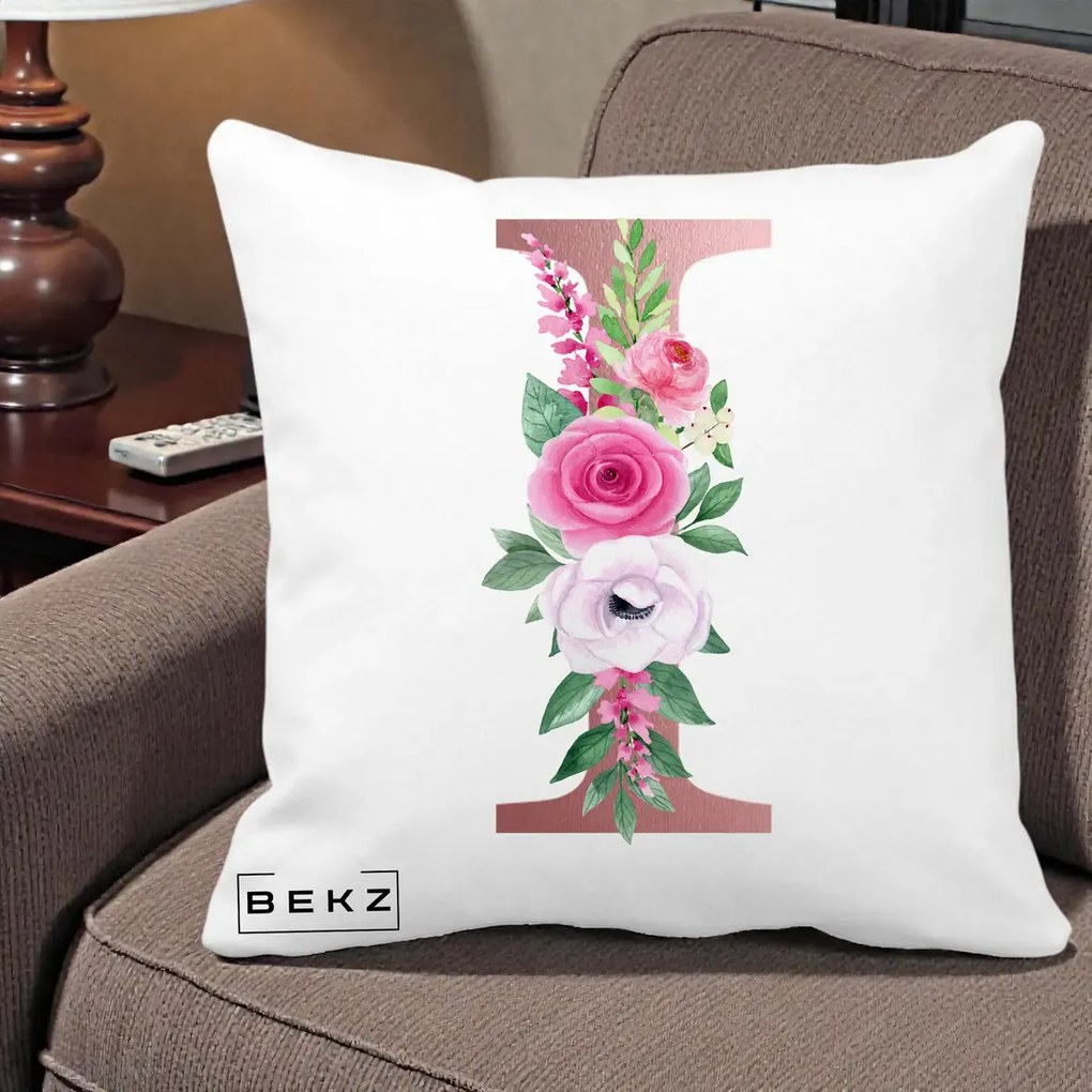 Cadou Personalizat - Perna Personalizata Monograma Rose Gold Litera I, 40x40 cm, Alba Mata, Husa Detasabila, Perna Inclusa, BEKZ®
