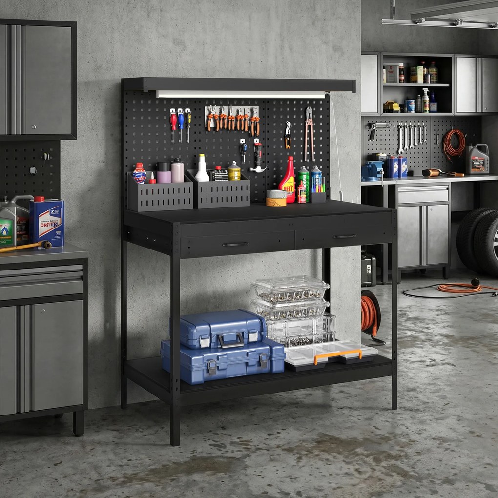 HOMCOM Banc de lucru 110 cm cu panou perforat, banc robust cu șină de prize și iluminare LED, Negru | Aosom Romania