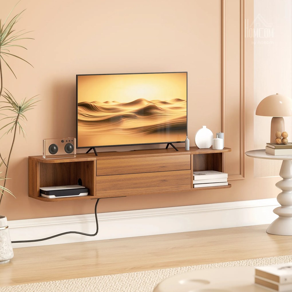 HOMCOM Suport TV suspendat până la 50" cu prize de curent, USB și tip C, sertar și rafturi, 120x24x22.4 cm, Nuc | Aosom Romania