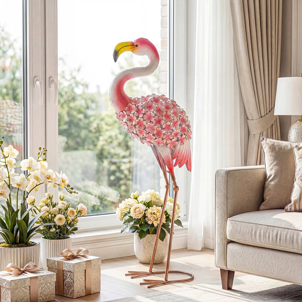 Outsunny Statuie de Grădină Flamingo, Sculptură de Pasăre din Metal cu Pene Florale, 28 x 19 x 83 cm, Roșu | Aosom Romania