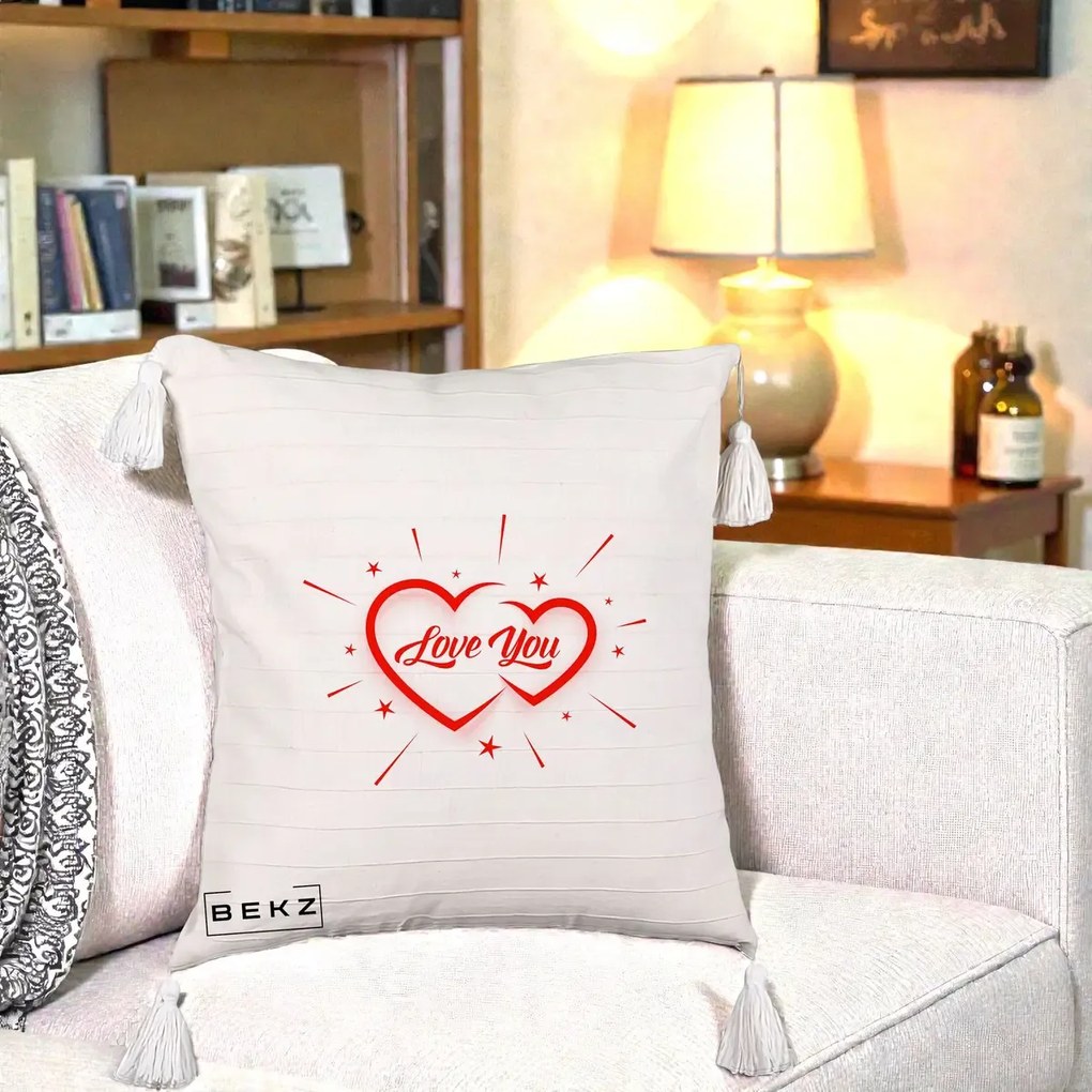 Cadou Romantic - Perna Personalizata Love You Doua Inimi, 40x40 cm, Bej cu Franjuri, Husa Detasabila, Perna Inclusa, BEKZ®