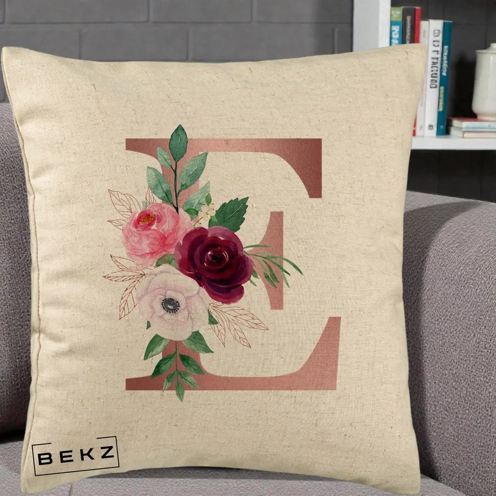 Cadou Personalizat - Perna Personalizata Monograma Rose Gold Litera E, 40x40 cm, Bej, Husa Detasabila, Perna Inclusa, BEKZ®