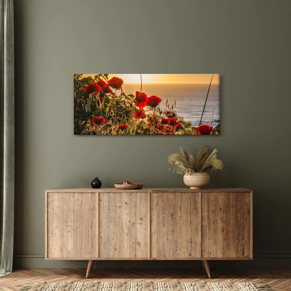 Tablou cu apus de soare cu flori de maci (120x50 cm)