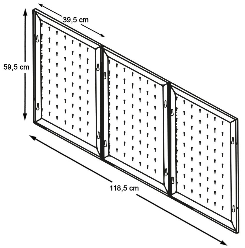 Panou metalic de perete pentru unelte cu carlige si rafturi