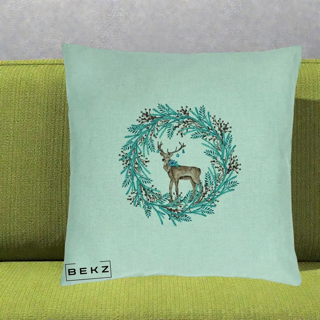 Perna Decorativa Coroana Turcoaz cu Ren, 40x40 cm, Verde Menta, Husa Detasabila, Perna Inclusa, BEKZ®