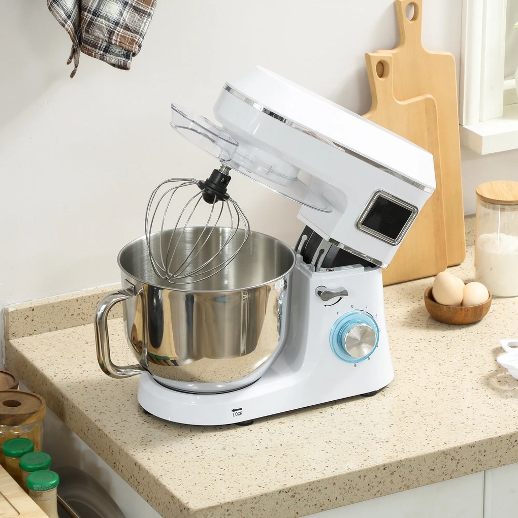 HOMCOM Mixer planetar 6 L 1400 W cu cap înclinat 6 viteze Funcție de fermentare Ecran LED Alb | Aosom Romania