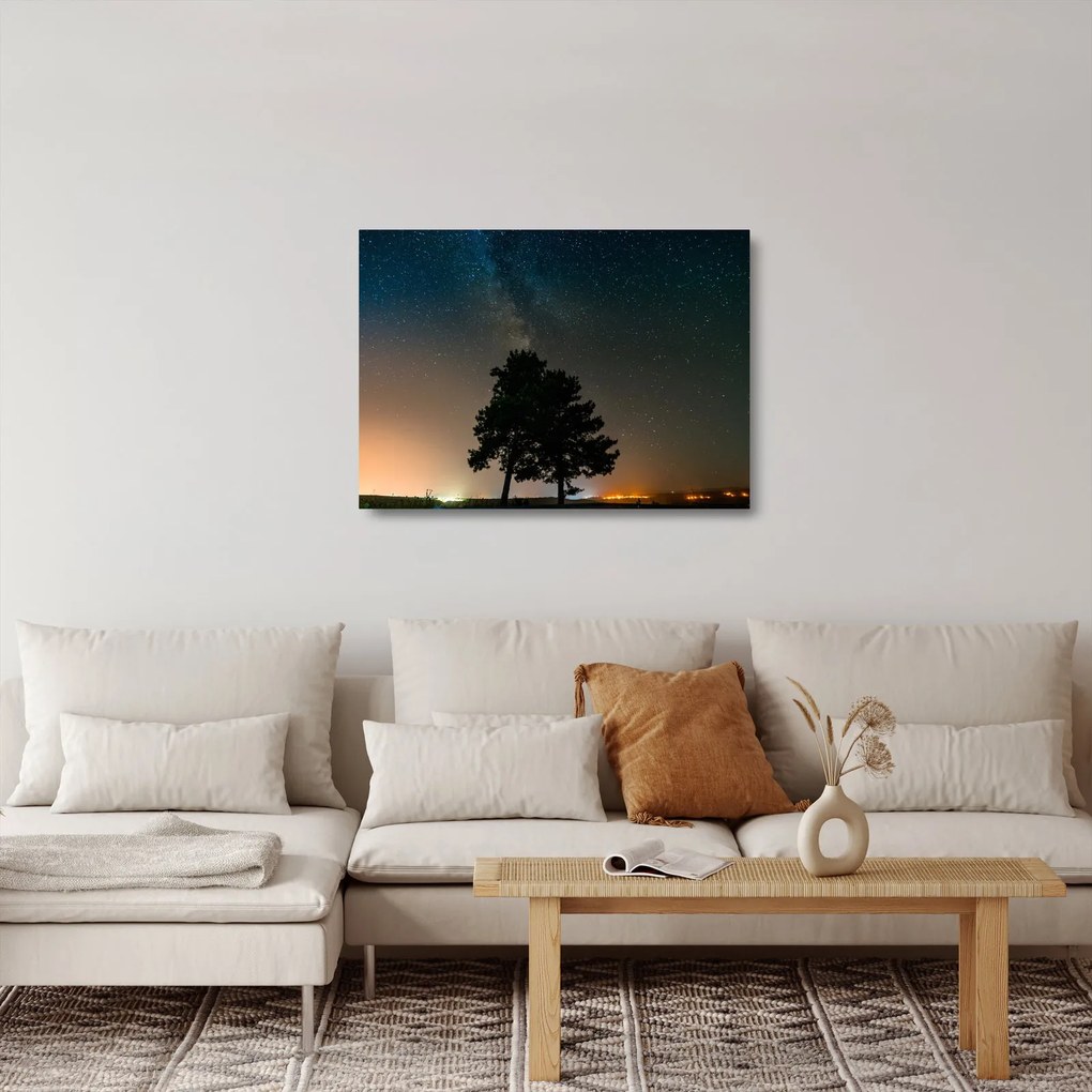 Tablou pe sticlă cu cerul nocturn și copaci (70x50 cm)