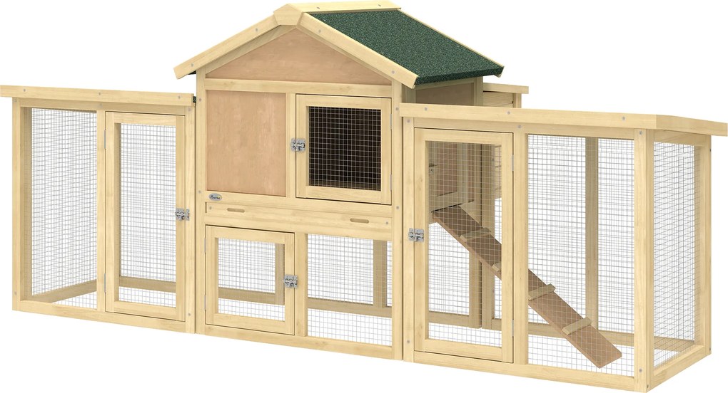 PawHut Coteț pentru găini din lemn cu cuib, acoperiș impermeabil, băț de odihnă, curte, rampă, 204x85x93 cm lemn natural | Aosom Romania