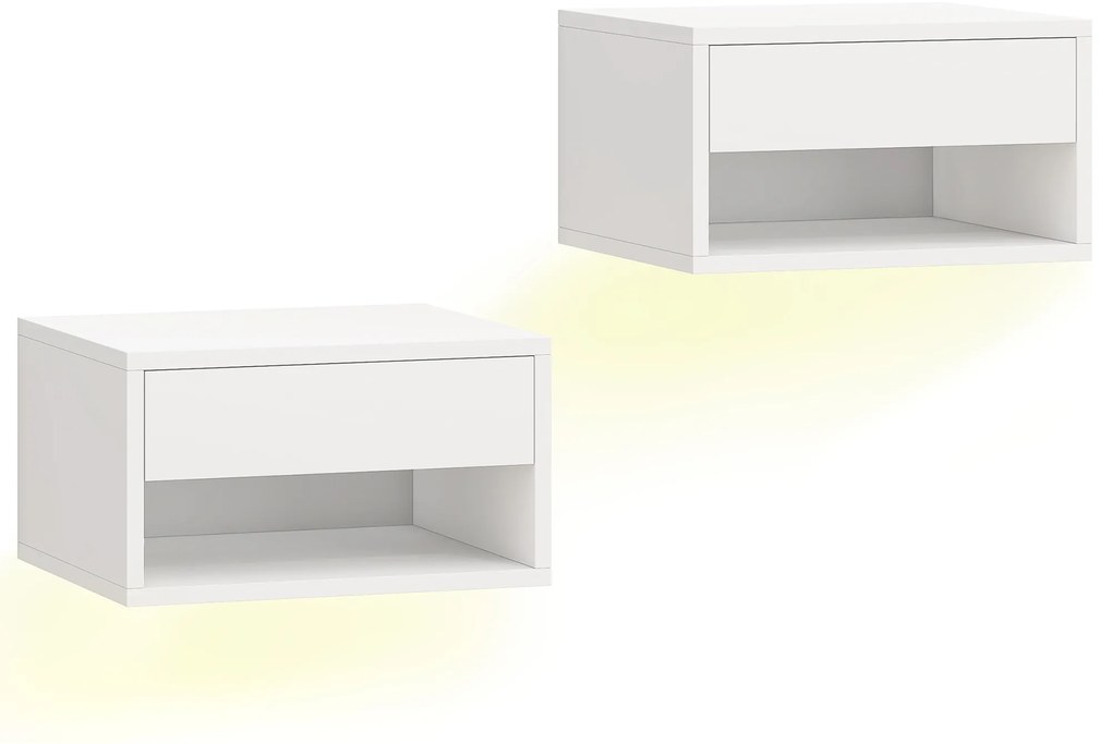 HOMCOM Set 2 Noptiere Suspendate cu LED RGB Integrat și Reglabil prin Aplicație, Sertar și Raft, 37x32x21 cm, Alb | Aosom Romania