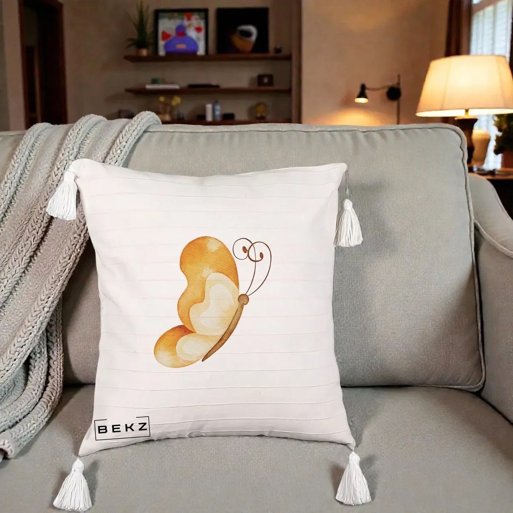 Perna Decorativa Fluture Acuarela Auriu, 40x40 cm, Bej cu Franjuri, Husa Detasabila, Perna Inclusa, BEKZ®