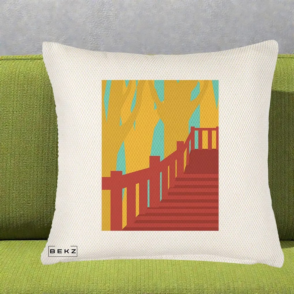 Perna Decorativa Scari Toamna Peisaj Grafic, 40x40 cm, Crem Reliefat, Husa Detasabila, Perna Inclusa, BEKZ®