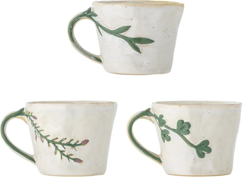 Set 3 căni din ceramică gri, lucrate manual, cu motive florale în relief, „Loua", 9 x 7,5 cm