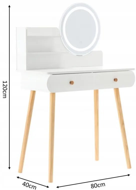 Masă de toaletă albă cu oglindă LED