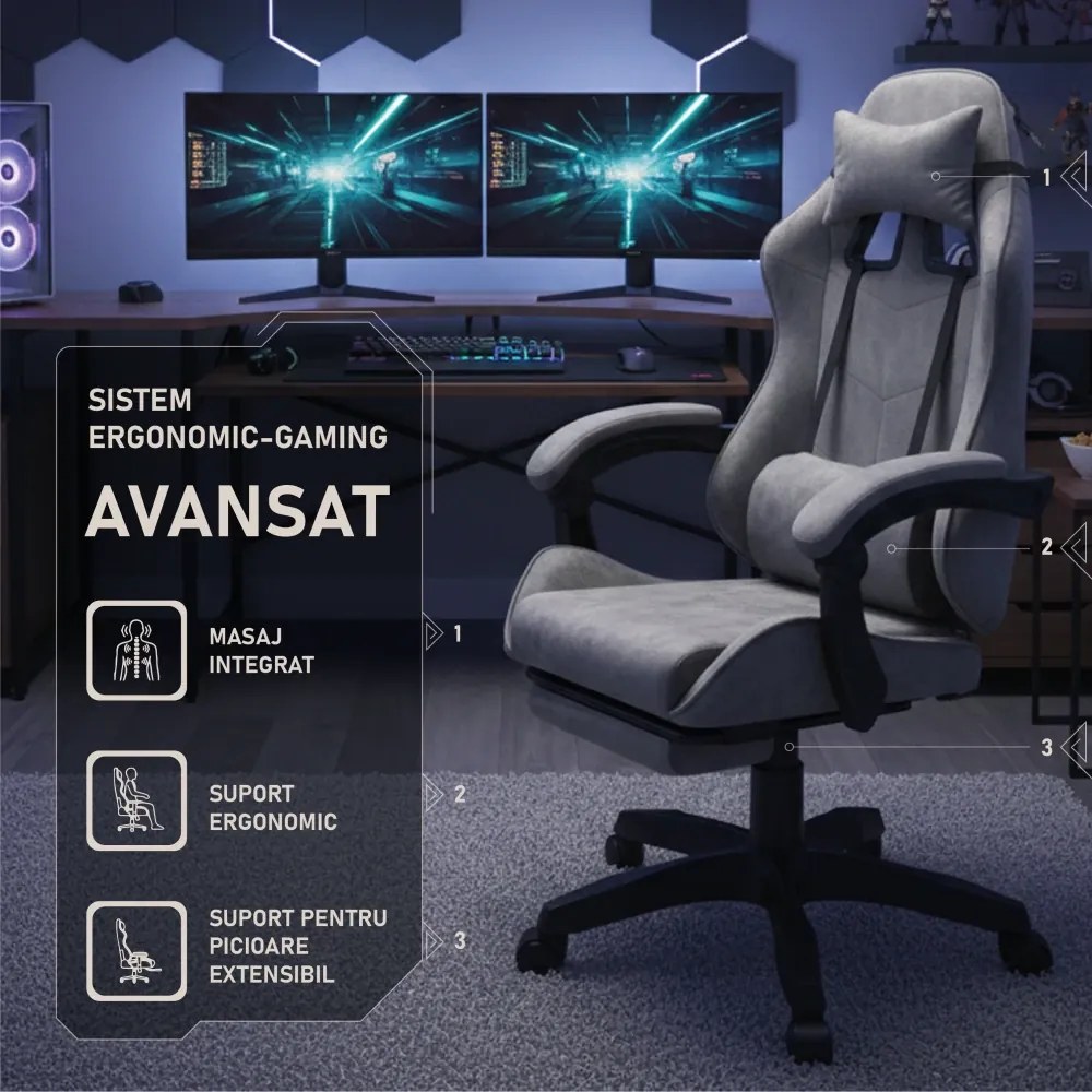 Scaun gaming, masaj în perna lombară, suport picioare, textil, Gri