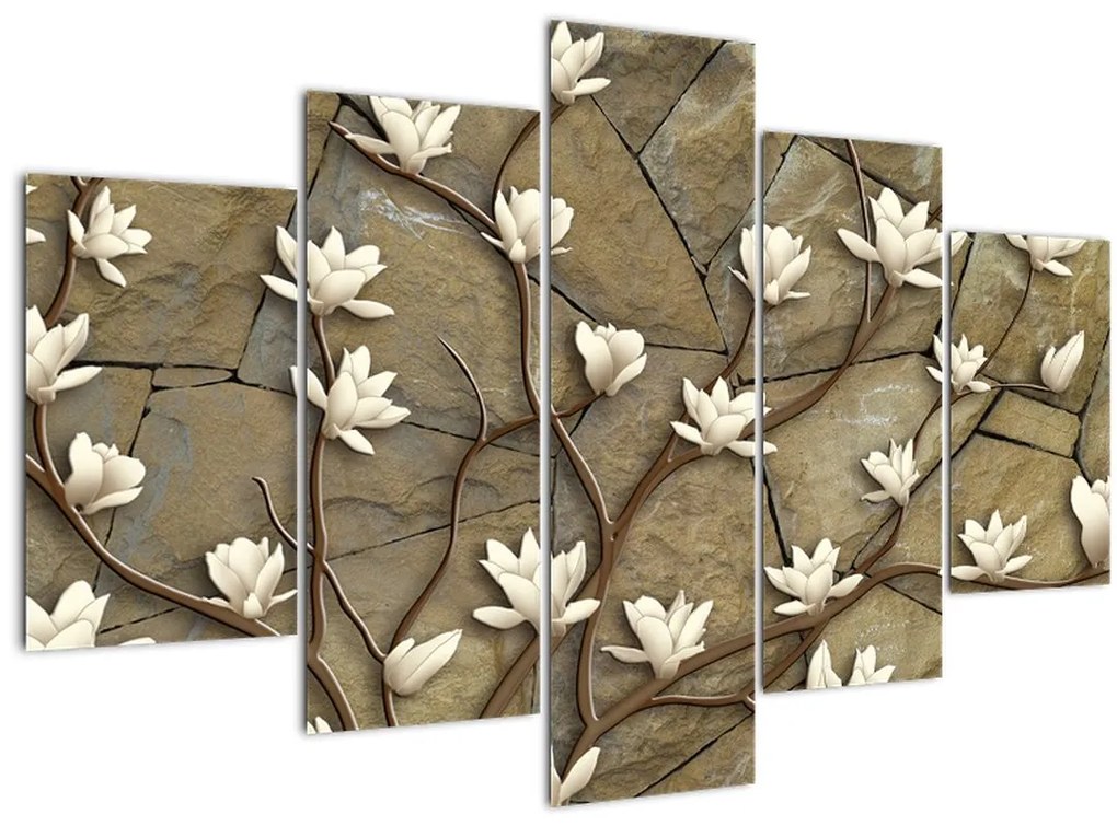 Tablou - Magnolii albe pe zidărie de piatră (150x105 cm)