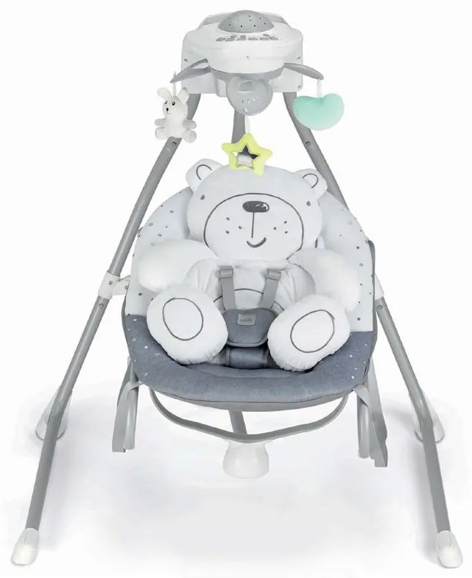 Balansoar si scaun 2 in 1 cu melodii si sunete, 4 viteze pentru leganare bebe, proiector de lumina, Orso Grigio