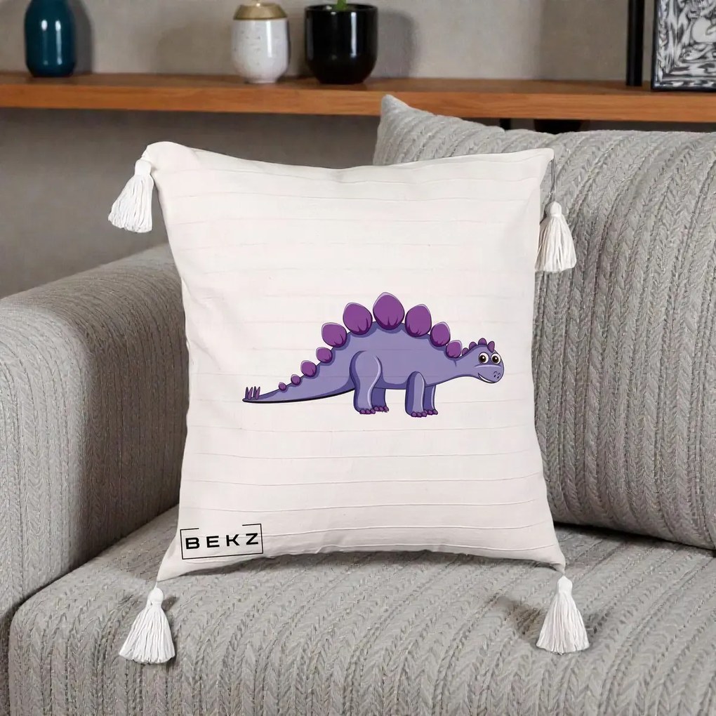 Perna Personalizata Stegozaur Mov, 40x40 cm, Bej cu Franjuri, Husa Detasabila, Perna Inclusa, BEKZ®