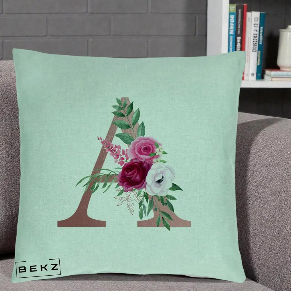 Cadou Personalizat - Perna Personalizata Monograma Rose Gold Litera A, 40x40 cm, Verde Menta, Husa Detasabila, Perna Inclusa, BEKZ®