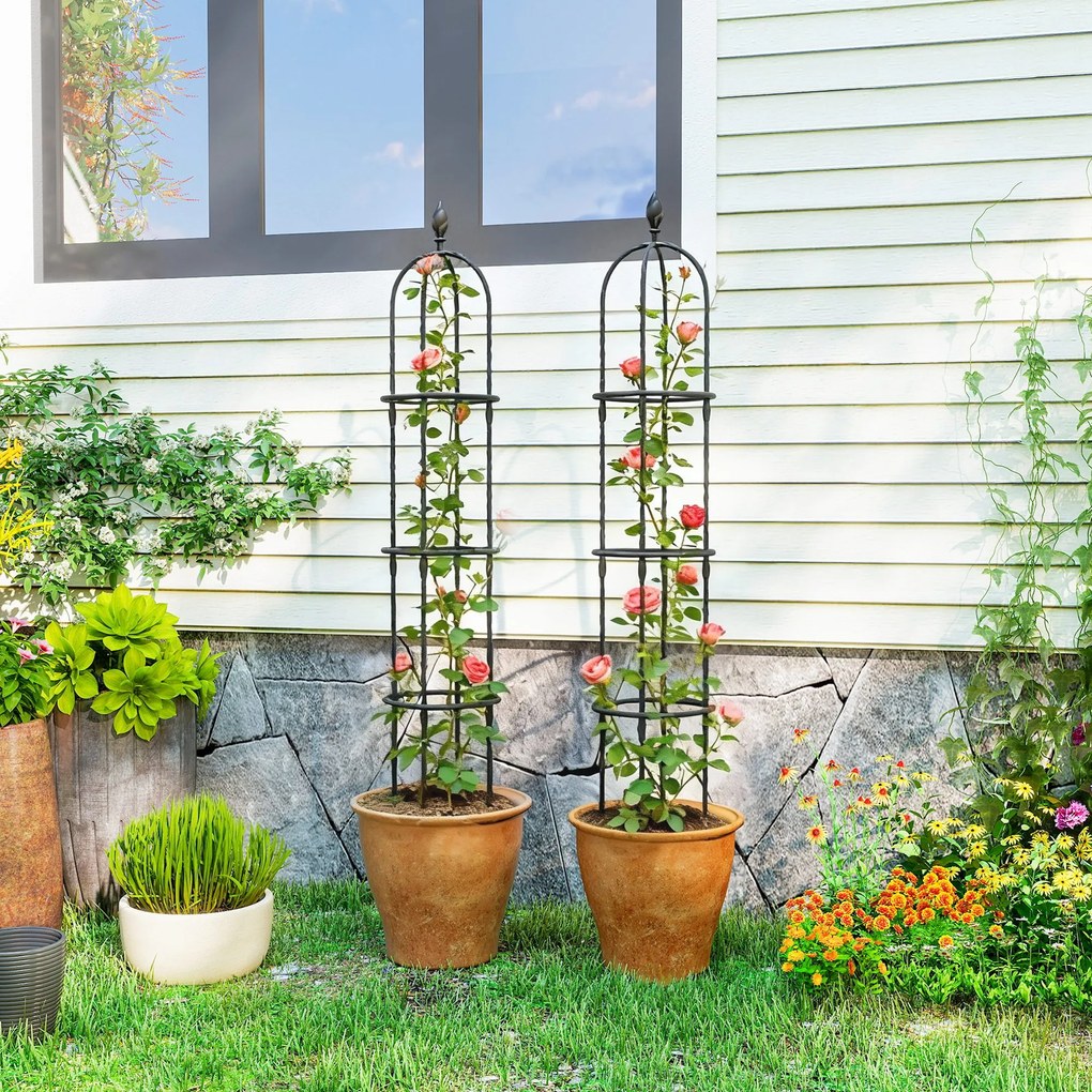 Outsunny Set de 2 Suporturi pentru Plante Cățărătoare înalte de 1,74 m, Suporturi din Oțel cu Decorațiuni, pentru Trandafiri, Roșii, Flori, Mazăre și Legume, Negru | Aosom Romania