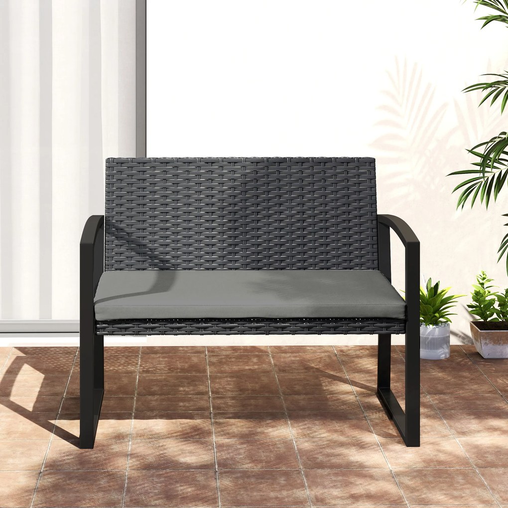 Outsunny Banc de grădină 2 locuri, banc de exterior din resină împletită PE cu pernă, oțel galvanizat, 103x58x78cm, gri și negru | Aosom Romania