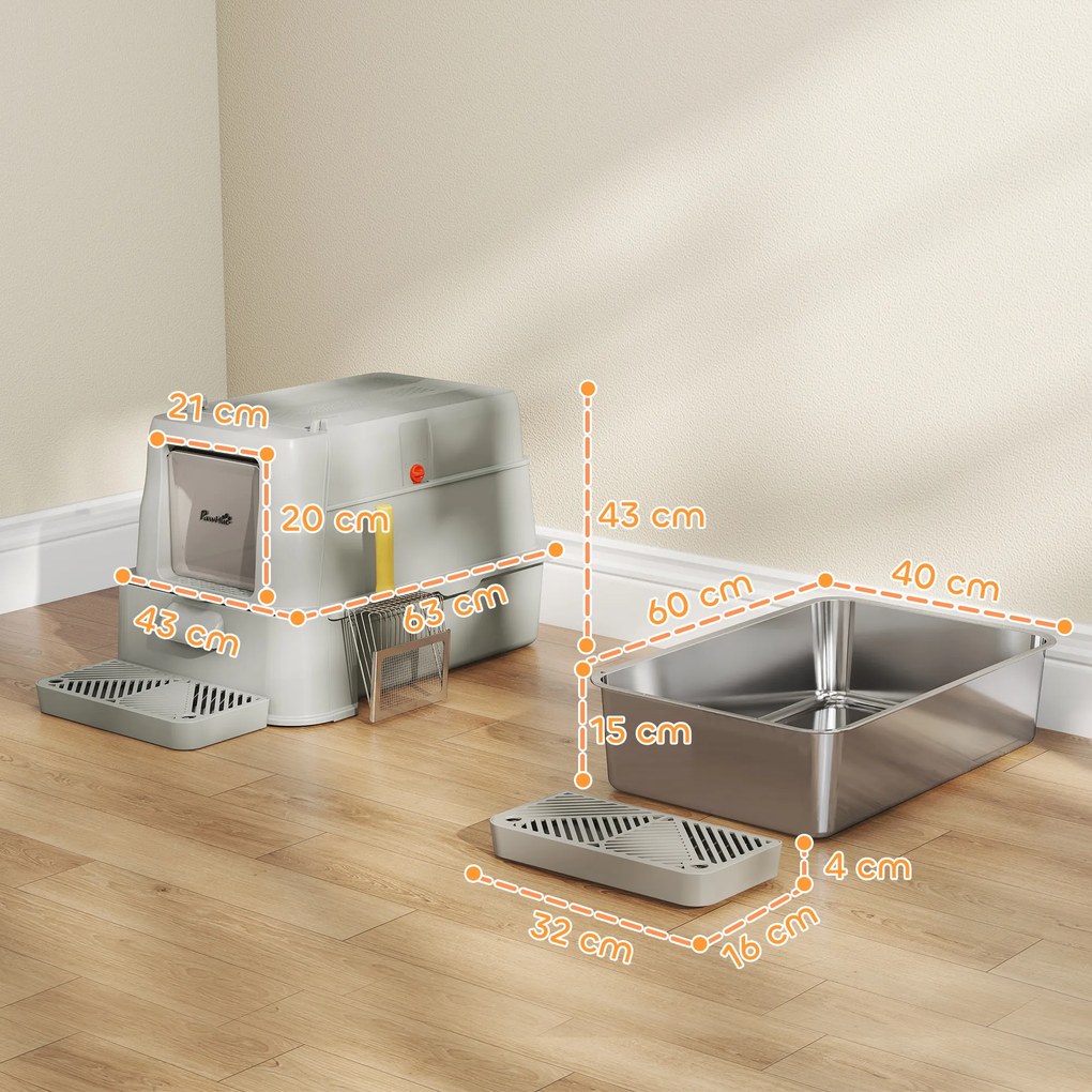 PawHut Litieră închisă pentru pisici de 80L cu tavă detașabilă, din ABS și oțel inoxidabil, 63x43x43 cm, gri deschis | Aosom Romania
