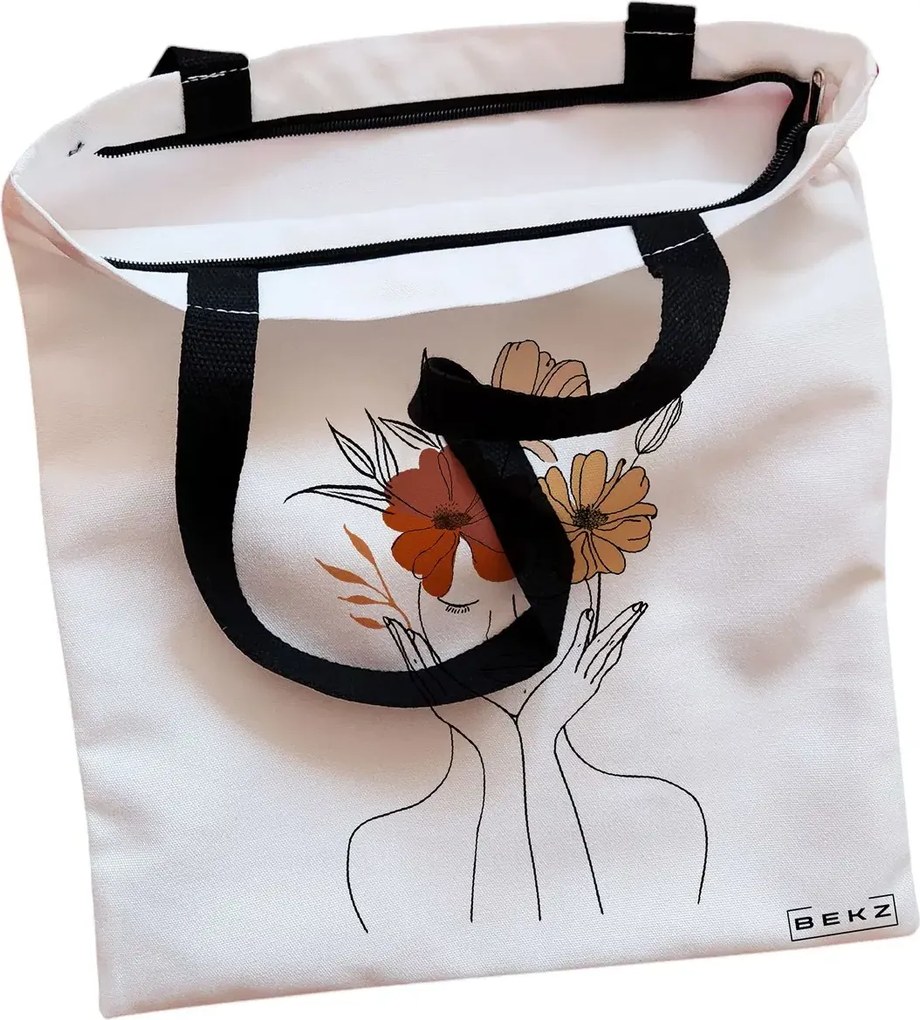 Sacosa de Panza pentru Cumparaturi, Geanta Tote, Flower Lady 19, Cu fermoar, 38x34.5 cm, Alba, BEKZ®