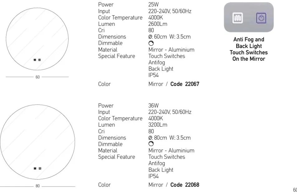 Oglinda baie cu iluminat LED MIRROR 36W 4000K ROUND 80cm