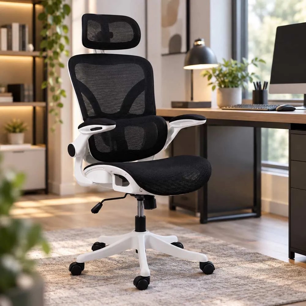 Scaun de birou ergonomic din mesh cu suport lombar și brațe rabatabile OFF 440 alb