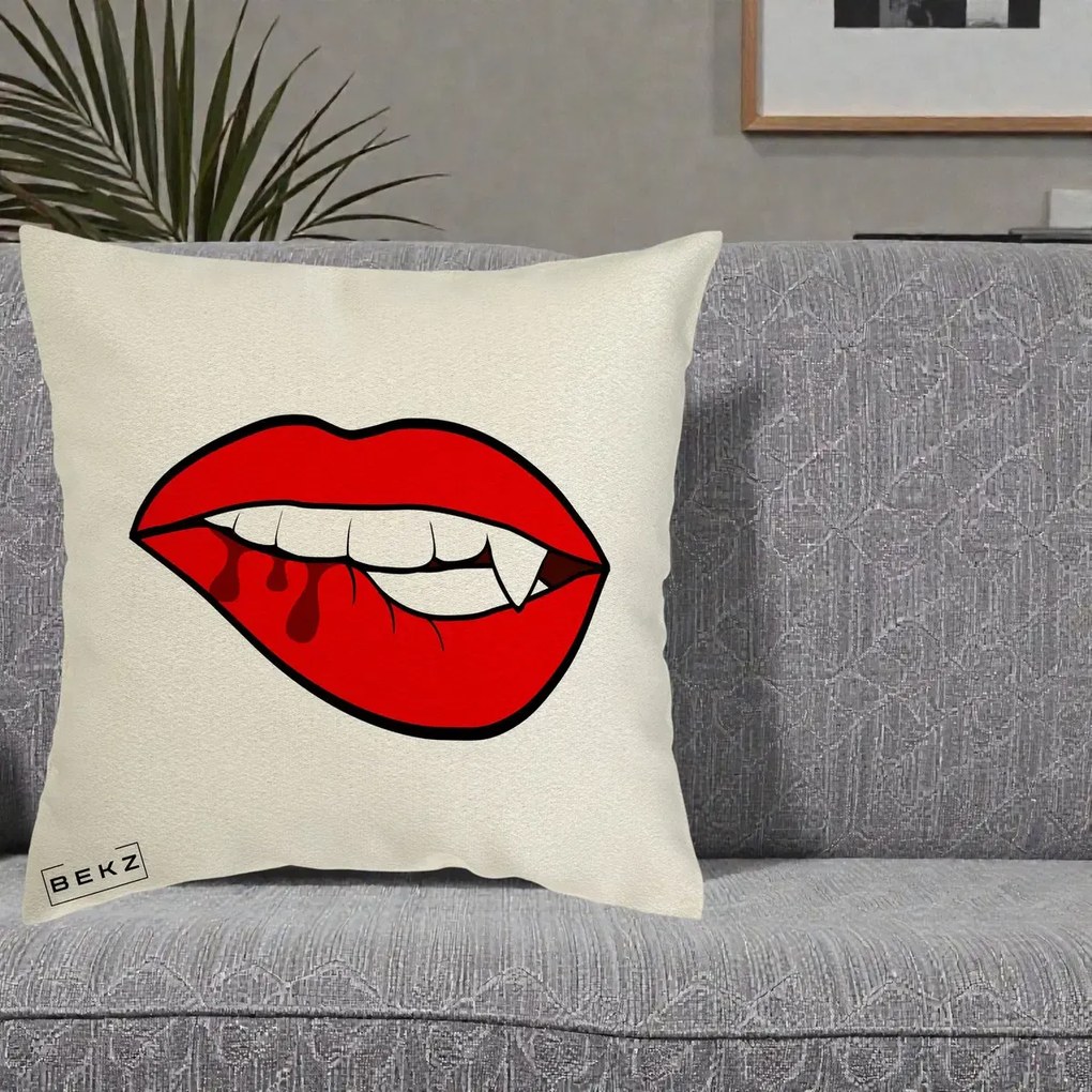 Perna Decorativa Vampire Lips Halloween, 40x40 cm, Ecru, Husa Detasabila, Perna Inclusa, BEKZ®