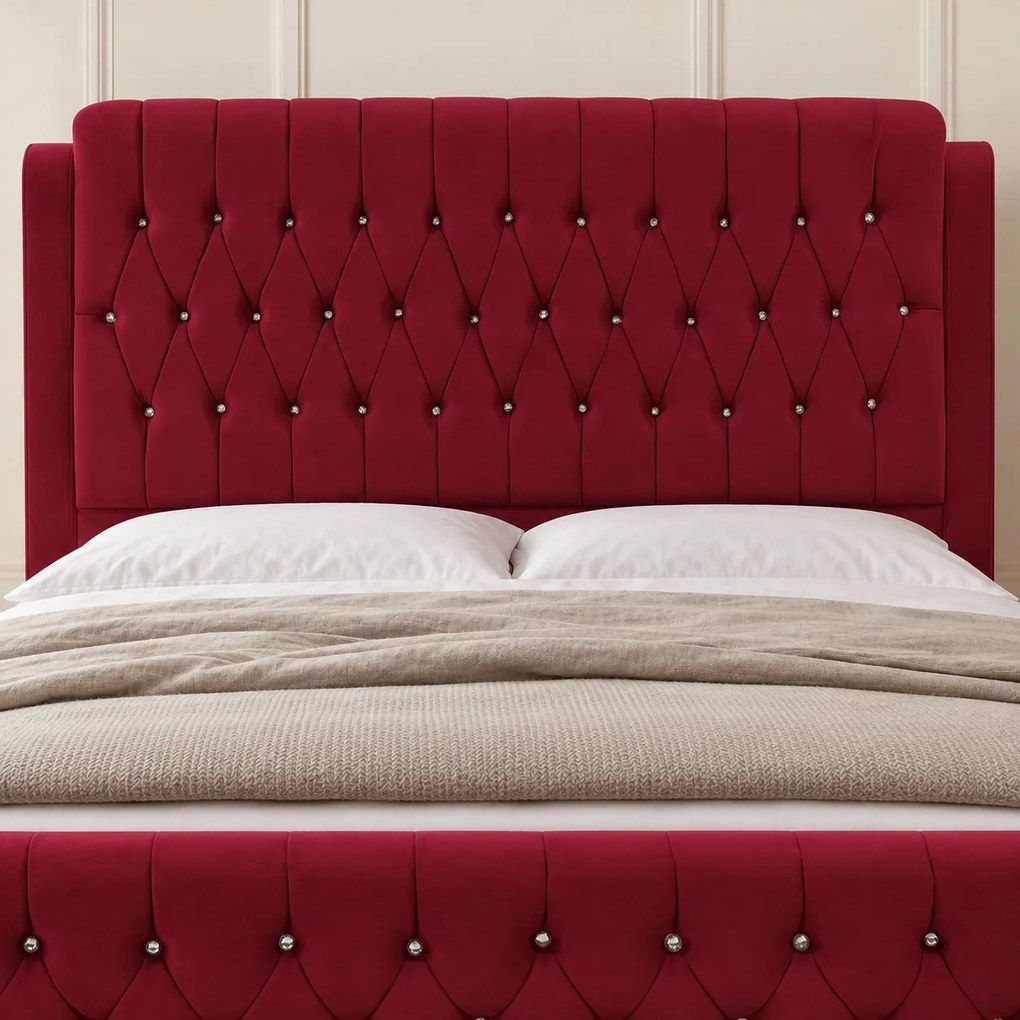 Pat tapițat Chesterfield din catifea Aveline Deluxe 180×200 cm, vișiniu, cu ladă de depozitare