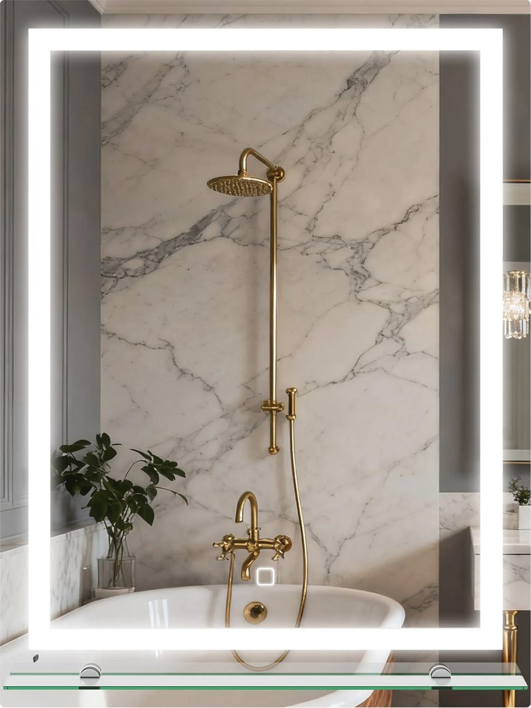 kleankin Oglindă pentru baie 60x80 cm cu 3 culori de lumină, raft din sticlă, funcție memorie și întrerupător tactil Argintiu | Aosom Romania