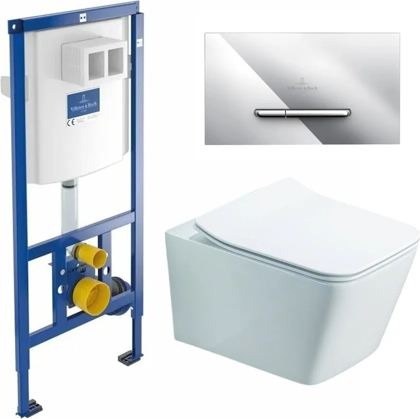 Rezervor WC cu cadru incastrat Villeroy&Boch 112 cm cu clapeta ViConnect crom plus vas WC Rune Jord alb cu capac softclose