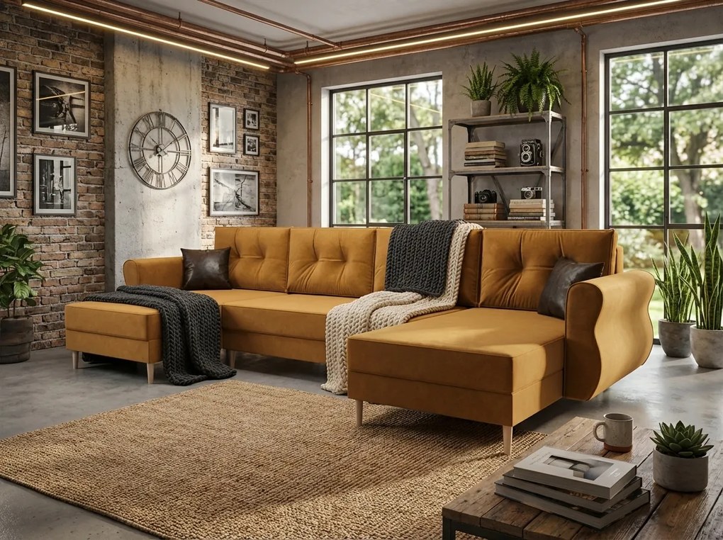 Coltar extensibil in forma de U SILVIANO 300x140 cm, mustar + 2 perne GRATUIT