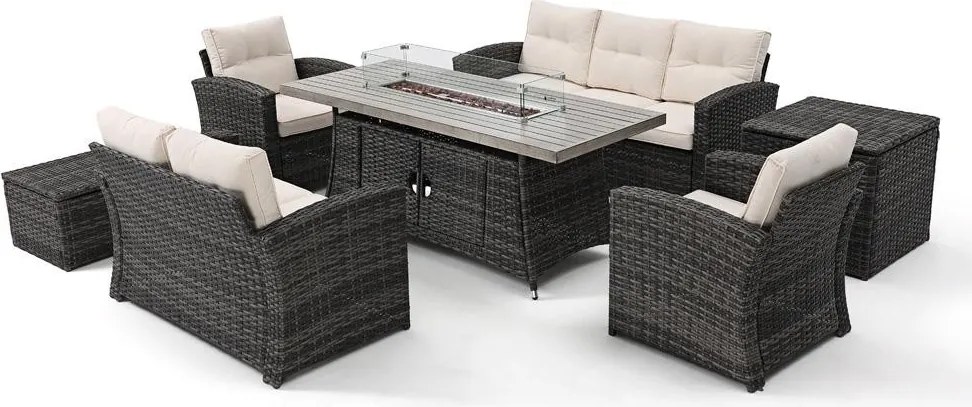 Set mobilier de grădină din ratan AVENBERG MONOPOLI cu vatră de foc pe gaz integrată și două lăzi de depozitare
