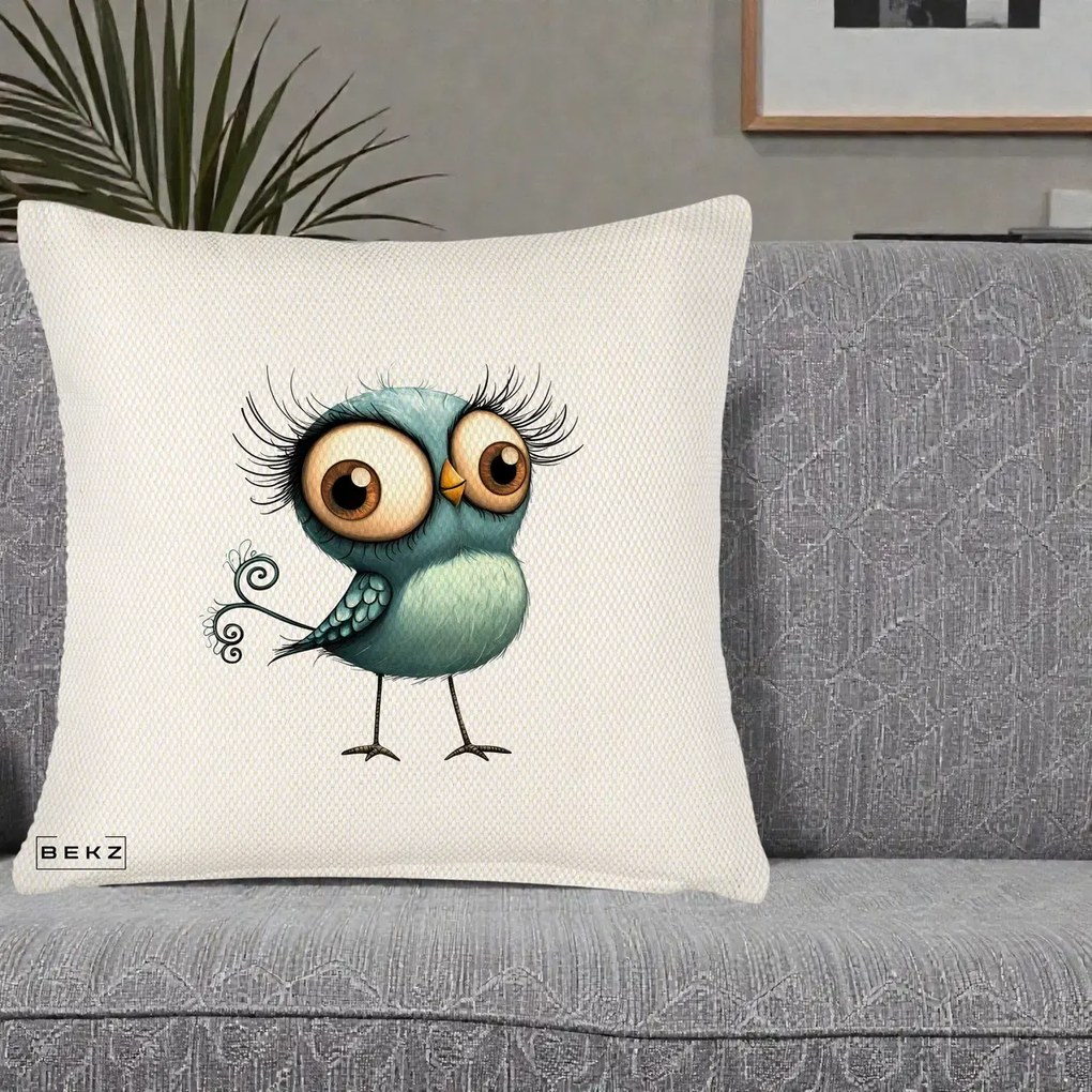 Perna Decorativa Pasare Teal cu Gene si Coada Spiralata, 40x40 cm, Crem Reliefat, Husa Detasabila, Perna Inclusa, BEKZ®