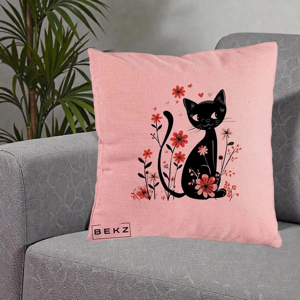 Perna Decorativa Pisica Neagra Flori Roz si Inimi, 40x40 cm, Roz, Husa Detasabila, Perna Inclusa, BEKZ®