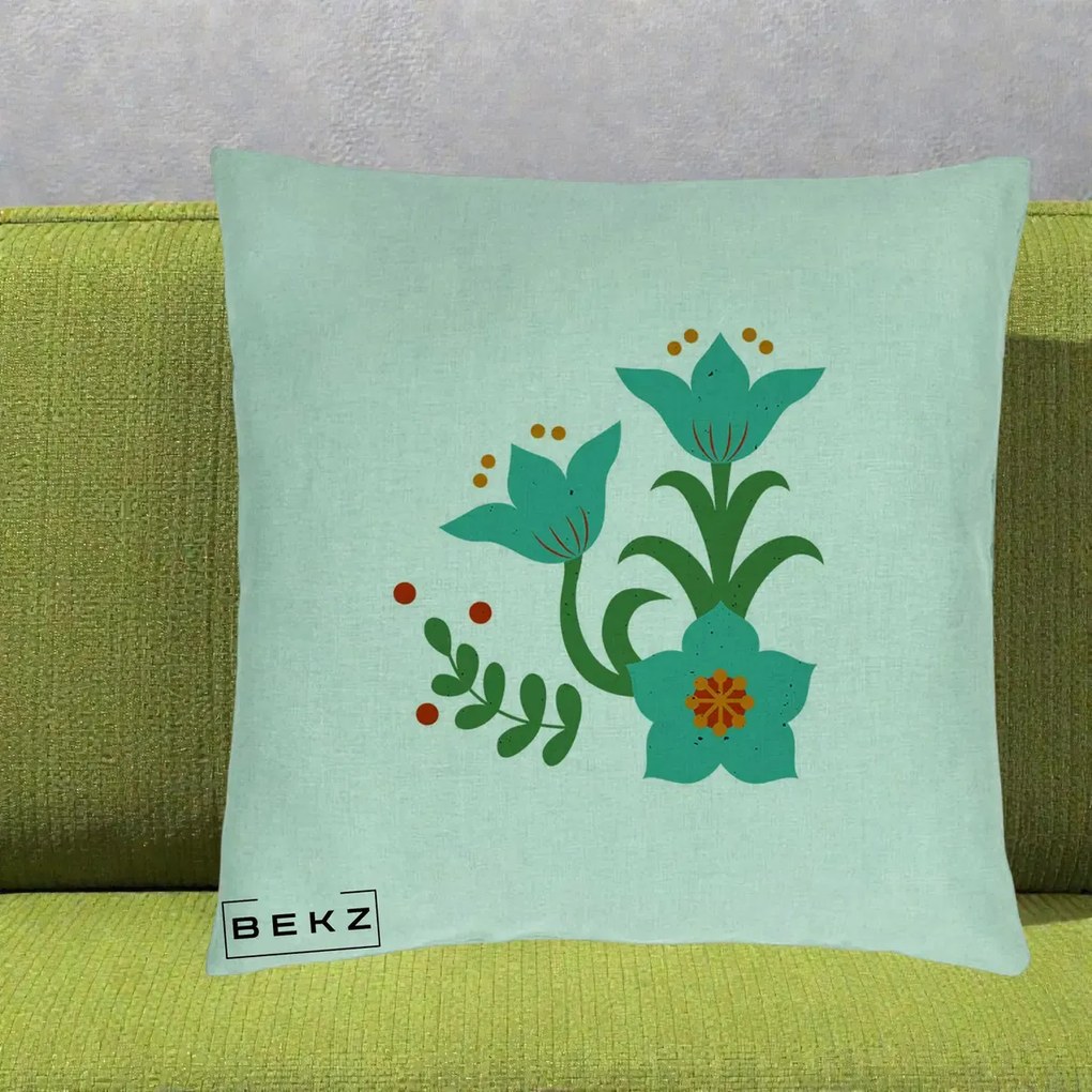 Perna Decorativa Flori Stilizate Folk Turcoaz, 40x40 cm, Verde Menta, Husa Detasabila, Perna Inclusa, BEKZ®