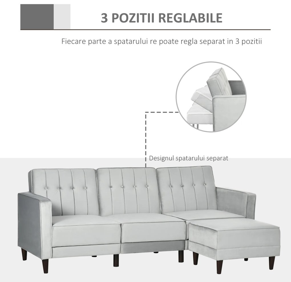 HOMCOM Canapea Extensibilă cu 3 Locuri cu Taburet și Spătar Inclinabil, Tapițerie din Catifea și Scaun Căptușit, 218x85x86 cm, Gri | Aosom Romania