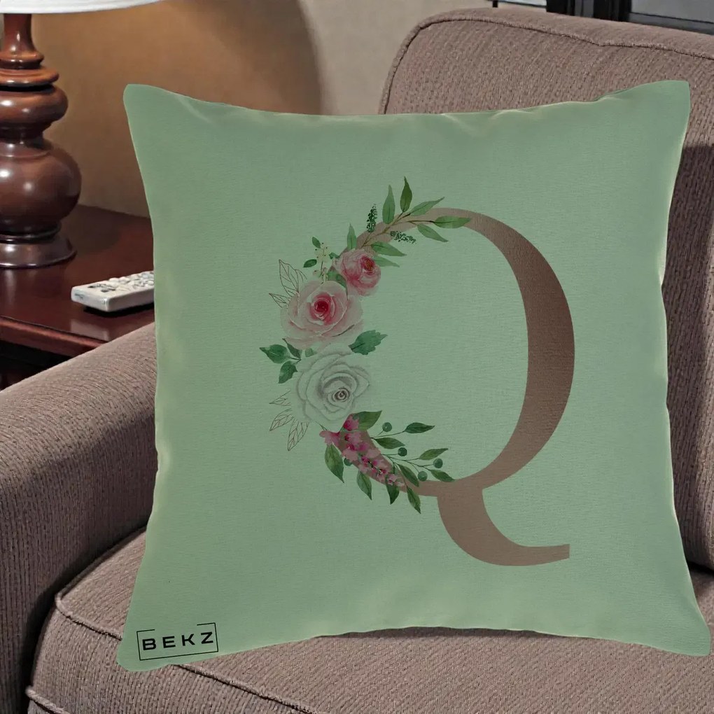 Cadou Personalizat - Perna Personalizata Monograma Rose Gold Litera Q, 40x40 cm, Verde, Husa Detasabila, Perna Inclusa, BEKZ®