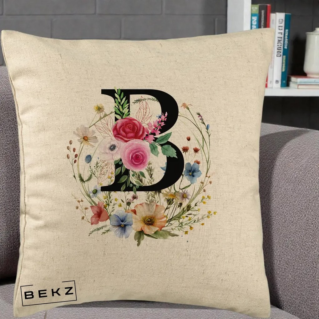 Cadou Personalizat - Perna Personalizata Monogram Litera B cu Flori Acuarela, 40x40 cm, Bej, Husa Detasabila, Perna Inclusa, BEKZ®