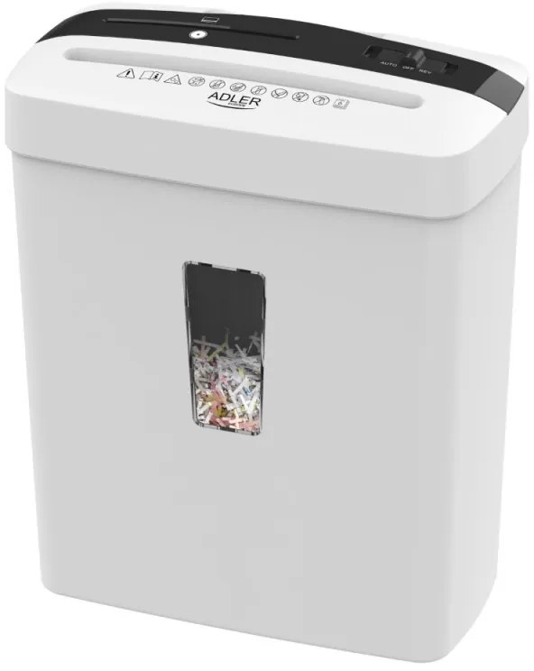 Distrugator de documente Adler AD 1037, 200 W, 13 L, Pana la 22 cm, 6 foi, CD/DVD si card, Pornire/oprire automata, Functie inversa, 69 dB, Alb