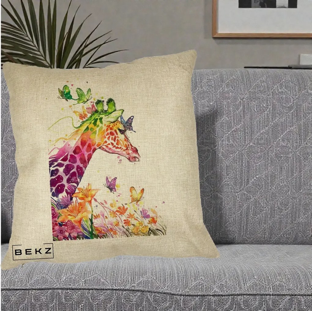 Perna Decorativa Girafa Curcubeu Acuarela, 40x40 cm, Crem, Husa Detasabila, Perna Inclusa, BEKZ®