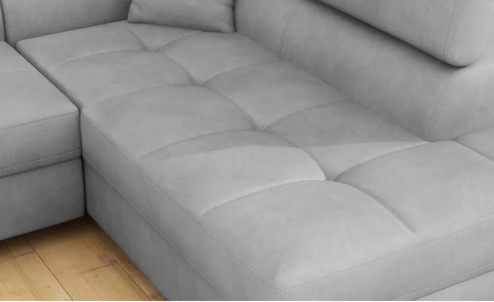 Colțar gri deschis extensibil/cu spațiu de depozitare cu tapițerie din catifea (cu colț pe partea dreaptă/în formă de ”L”) Anton – ELTAP