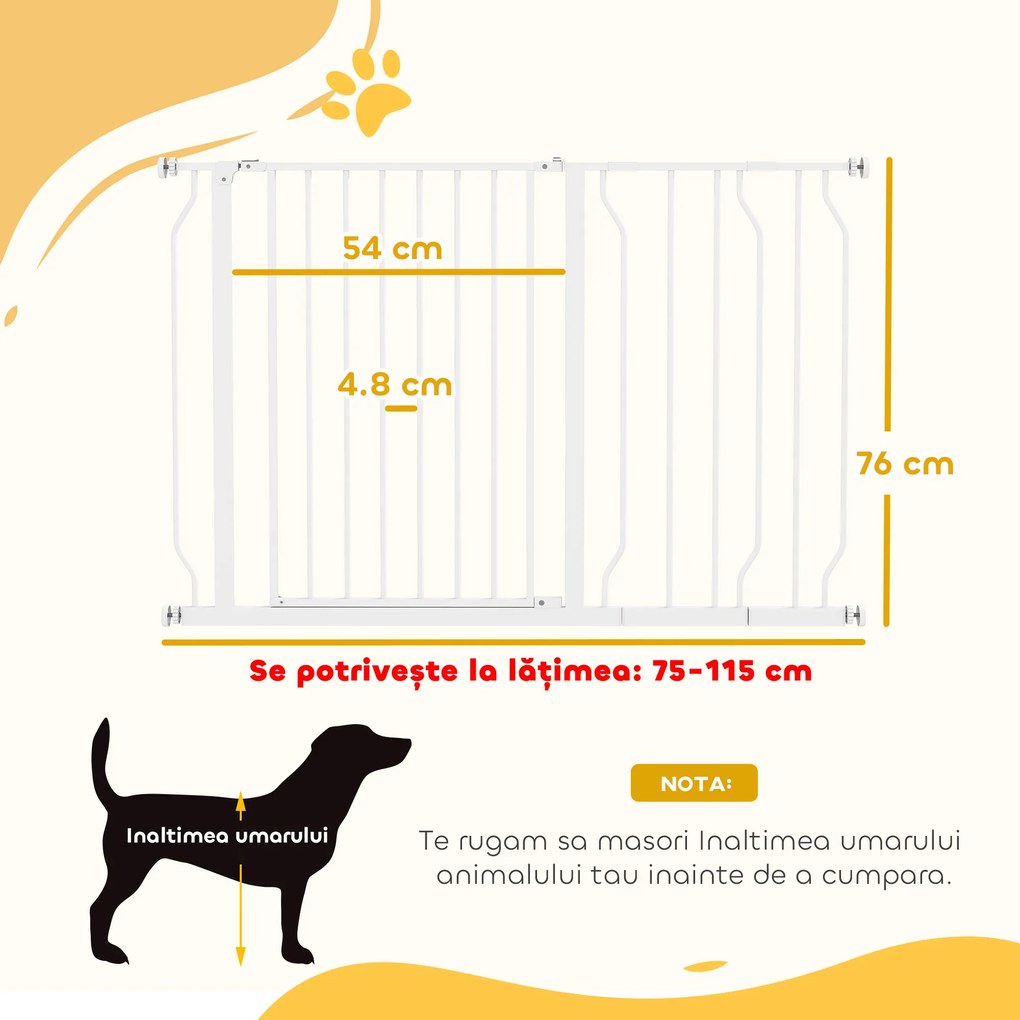 PawHut Poartă de Siguranță pentru Câini din Oțel și ABS, Poartă Extensibilă pentru Câini pentru Scări și Uși, 75-115 cm, Alb