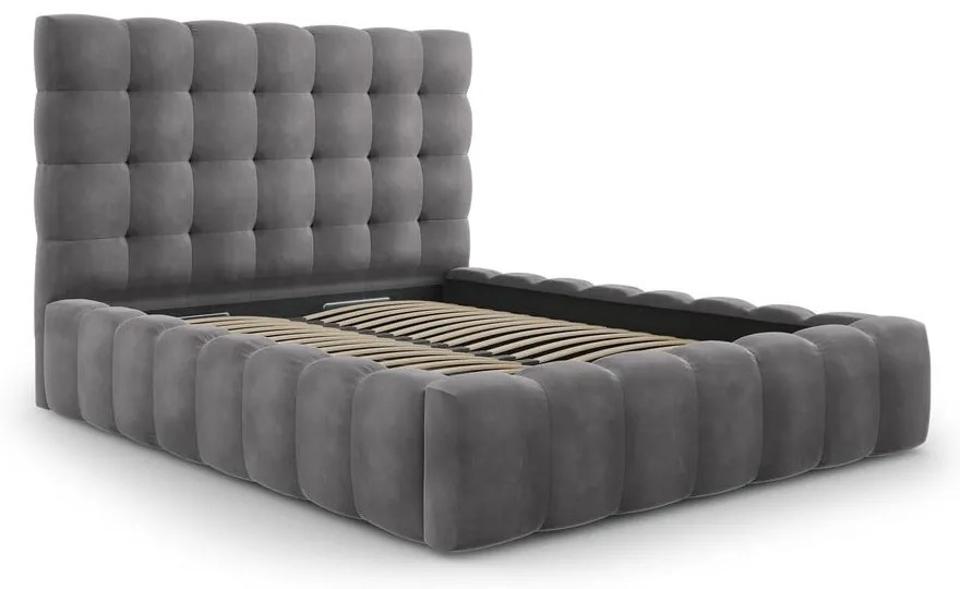 Pat matrimonial gri tapițat cu spațiu de depozitare și somieră 140x200 cm Bali – Cosmopolitan Design