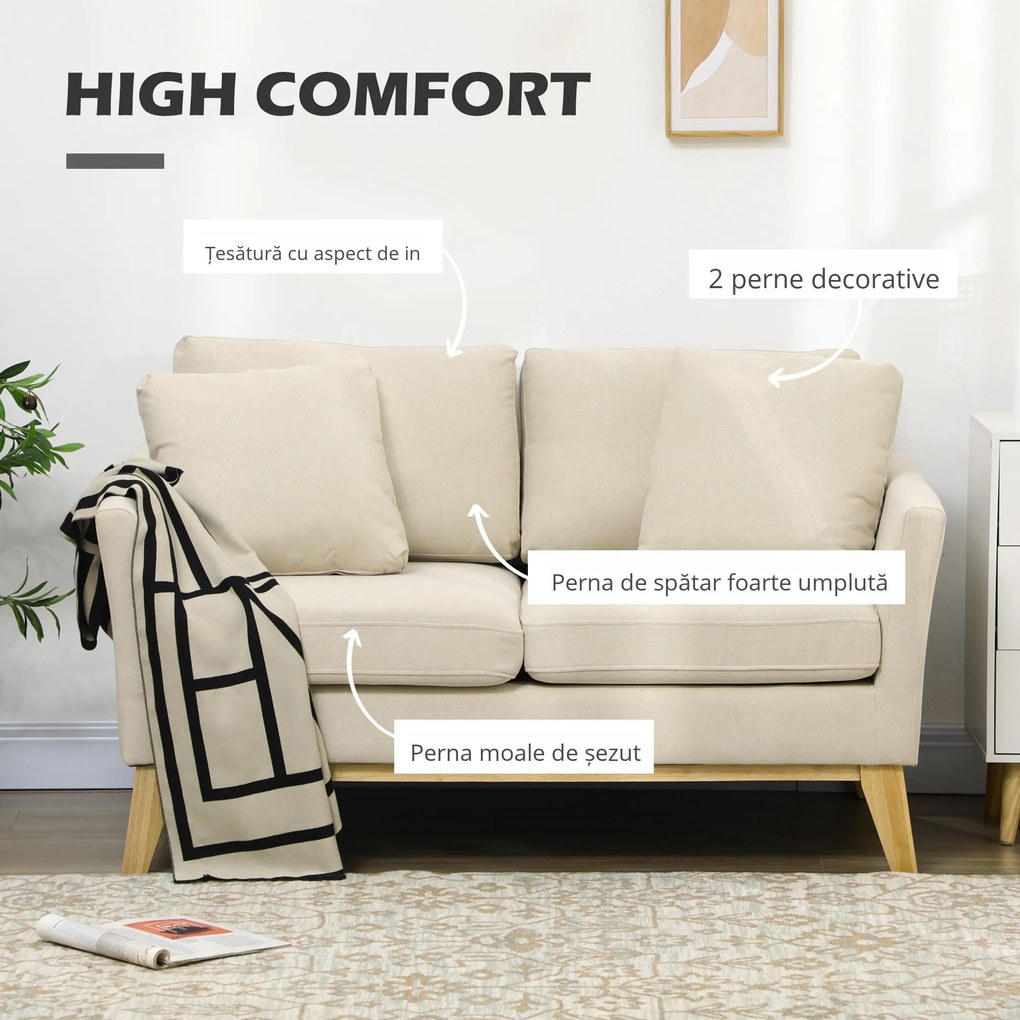 HOMCOM Canapea pentru 2 persoane pentru sufragerie, canapea mica, canapea tapitata cu 2 perne decorative, bej | Aosom Romania