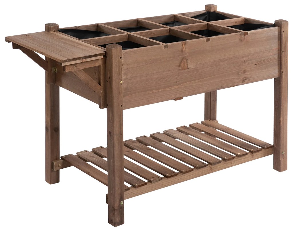 Outsunny Jardinieră Supraînălțată din Lemn | Grădinărit cu Raft Pliabil și Spațiu de Depozitare | 123x54x74 cm Maro | Aosom Romania