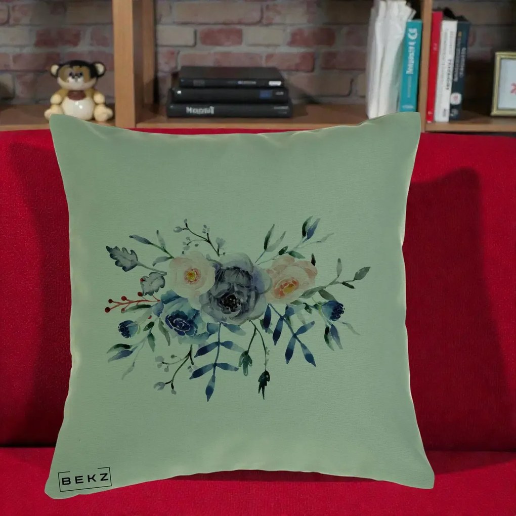 Perna Decorativa Buchet Flori Albastre Acuarela, 40x40 cm, Verde, Husa Detasabila, Perna Inclusa, BEKZ®