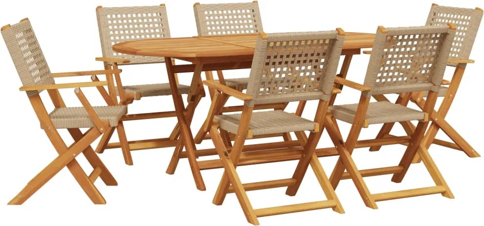 vidaXL Set mobilier de grădină, 7 piese, bej, poliratan și lemn masiv