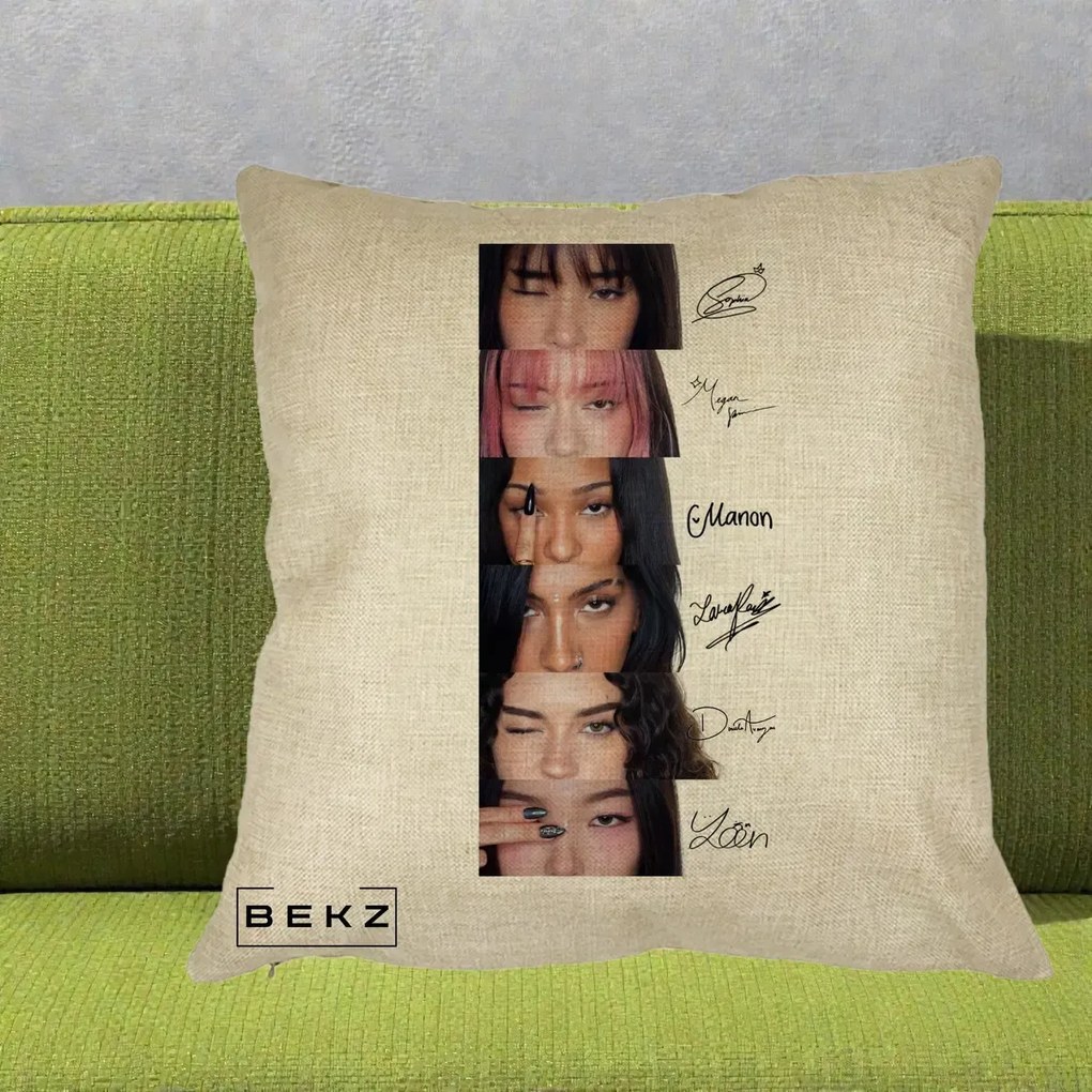 Perna Personalizata K-pop KATSEYE Semnaturi fara Foto, 40x40 cm, Crem, Husa Detasabila, Perna Inclusa, BEKZ®